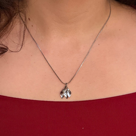 Close-up of a necklace with a pendant worn by a person in a red top.