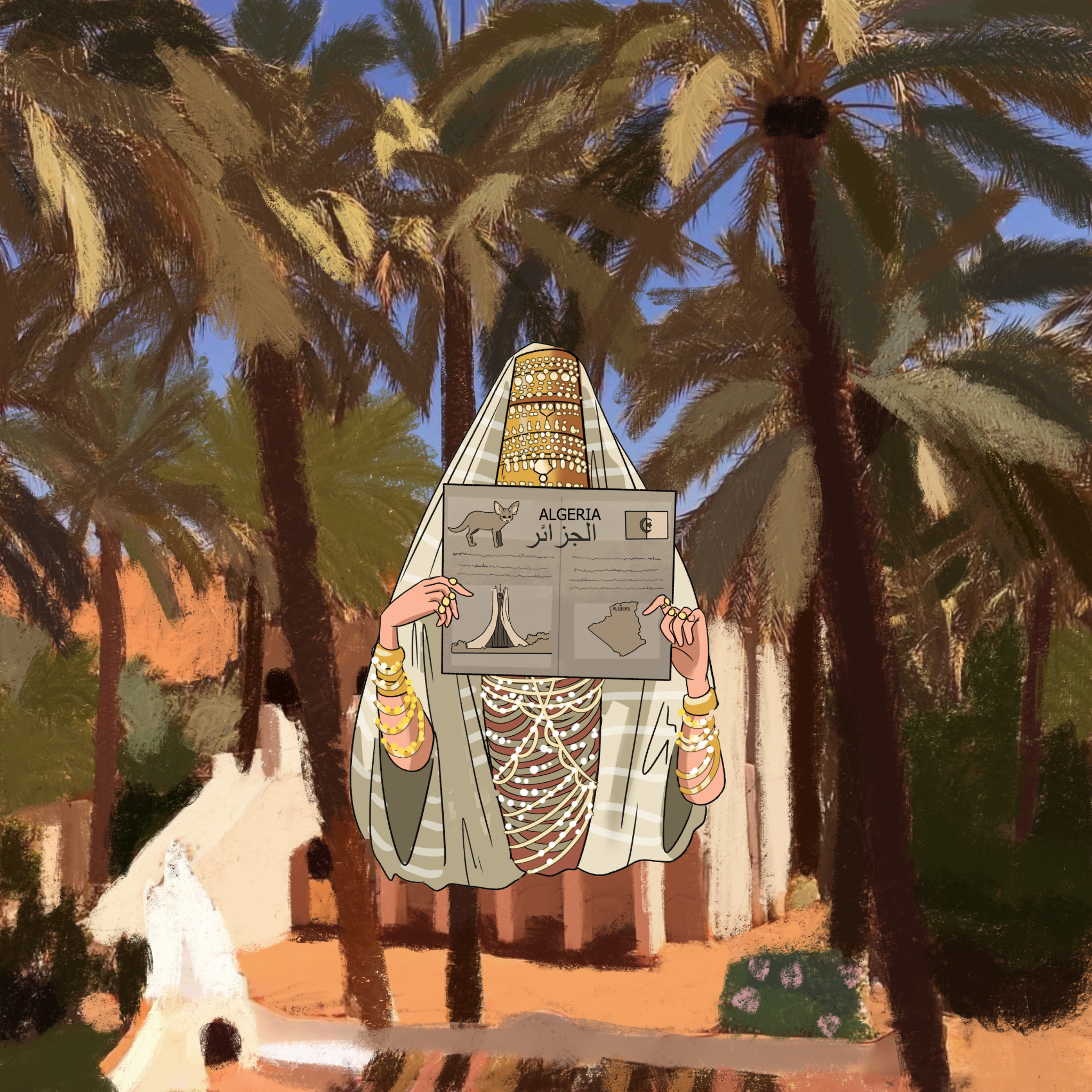 A hand drawn background of Algeria with the Algerian Heritage arab stickers from ARDI.