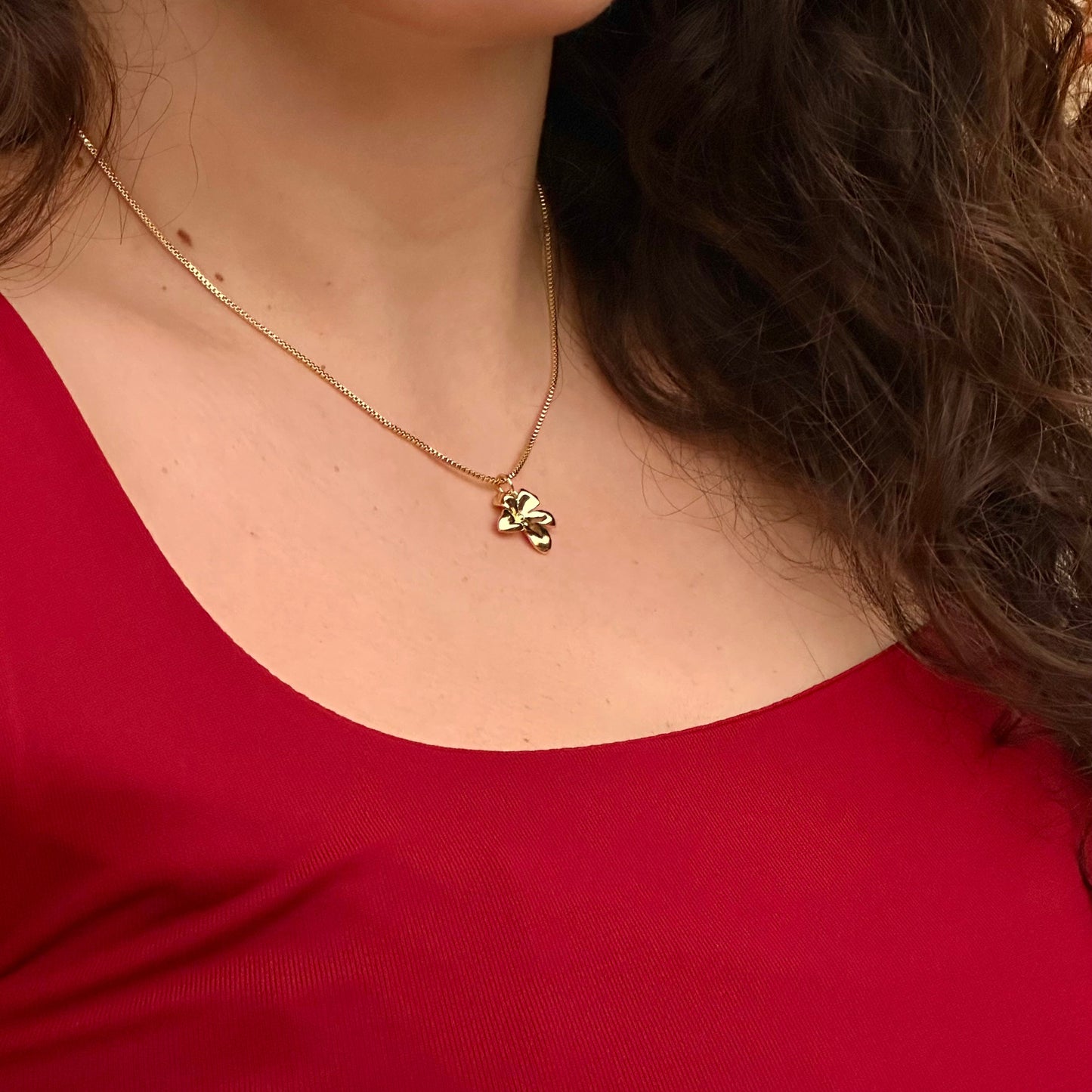 Close-up of a person wearing a gold necklace with a clover pendant.
