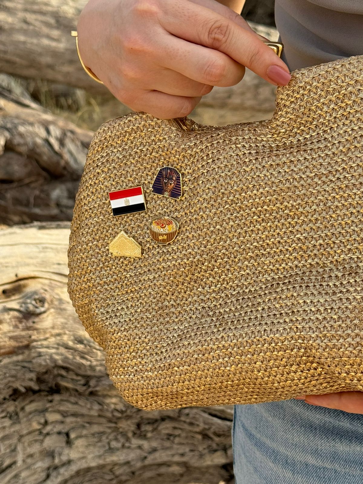 Awoman holding a golden purse with the ARDI Egypt pin pack pins on the purse.
